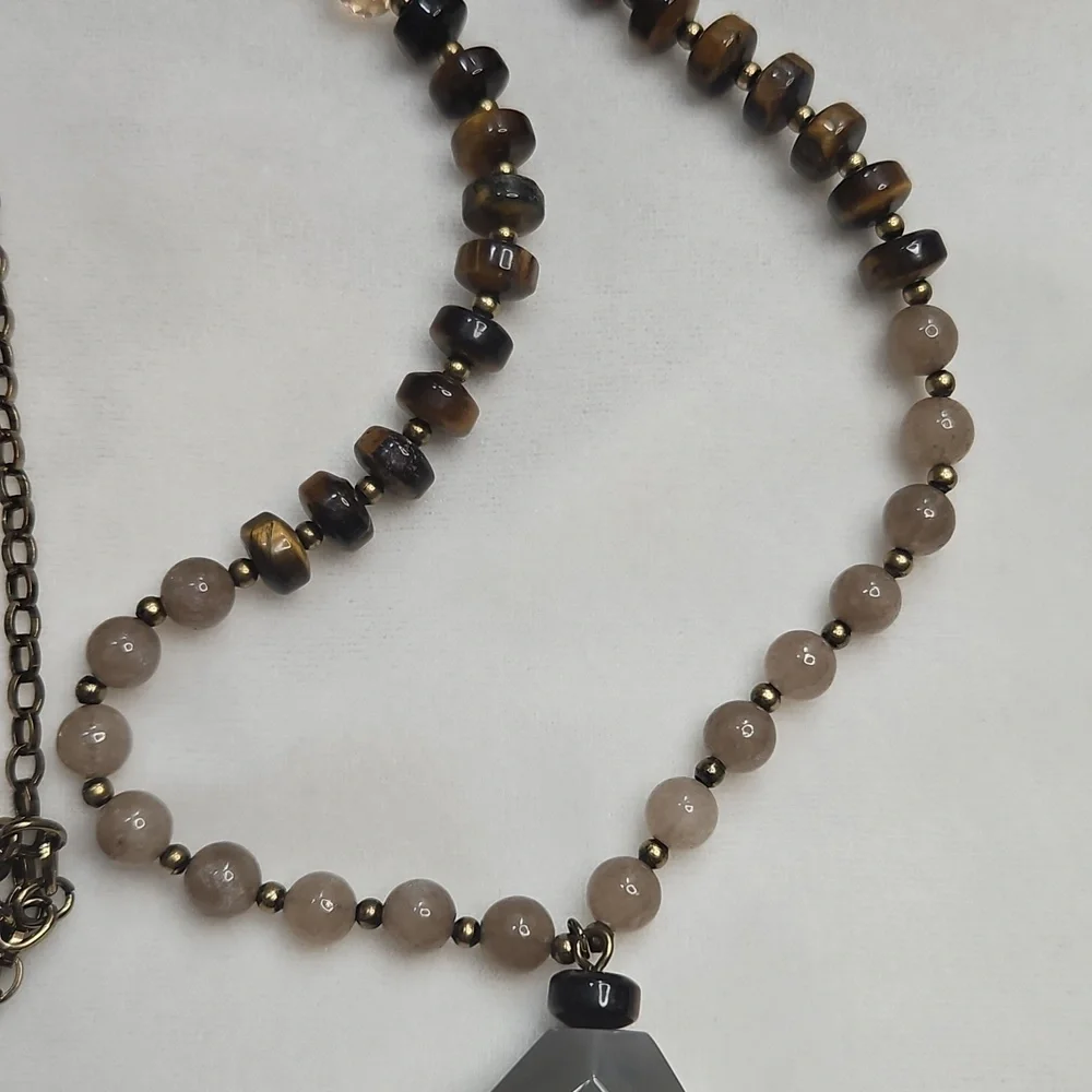 Women's Long Natural Gemstone Tiger's Eye Agate Chain Tassel Necklace NWOT